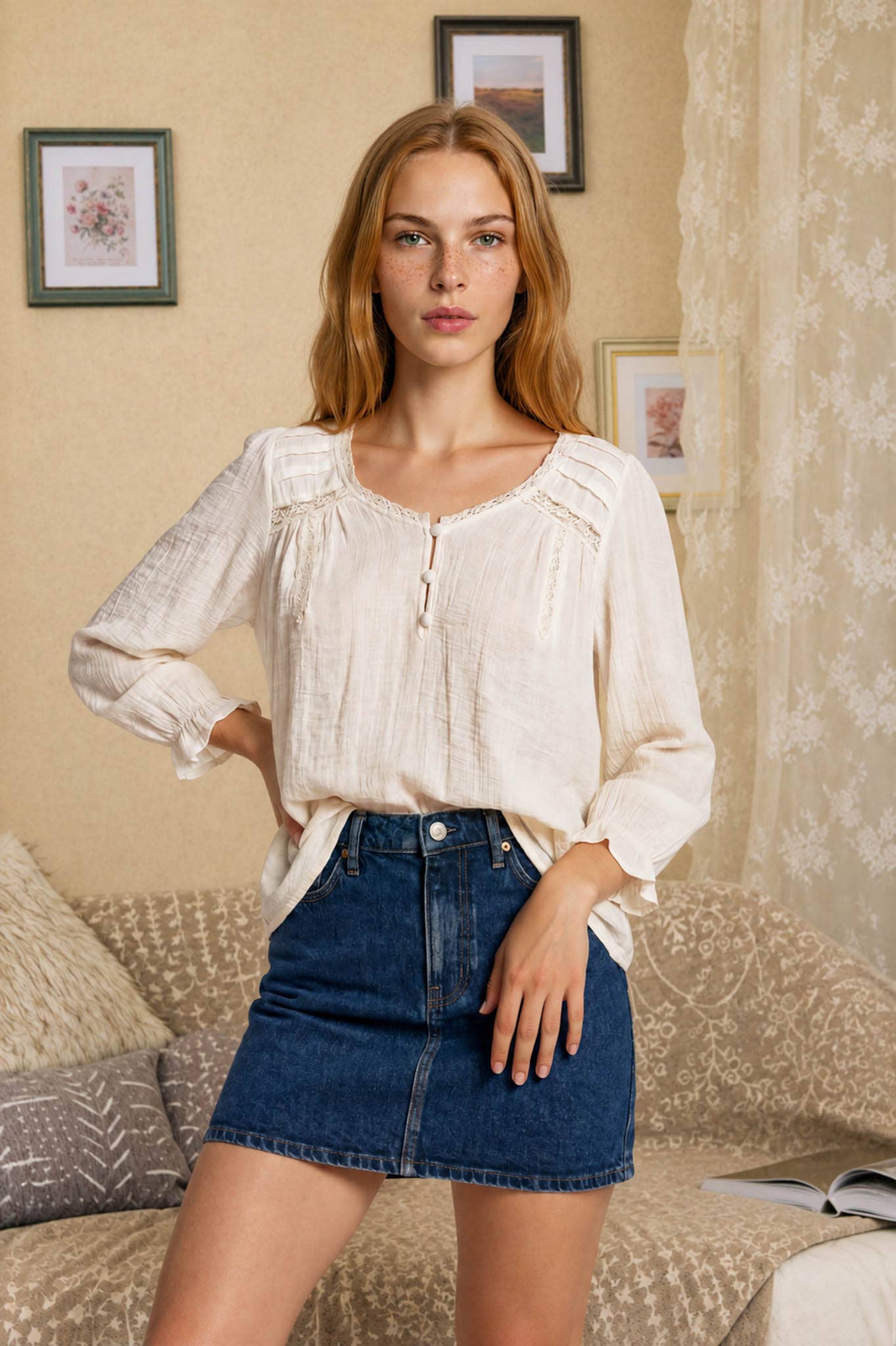 CROCHET TRIM V-NECK 3/4 SLEEVE HENLEY TOP