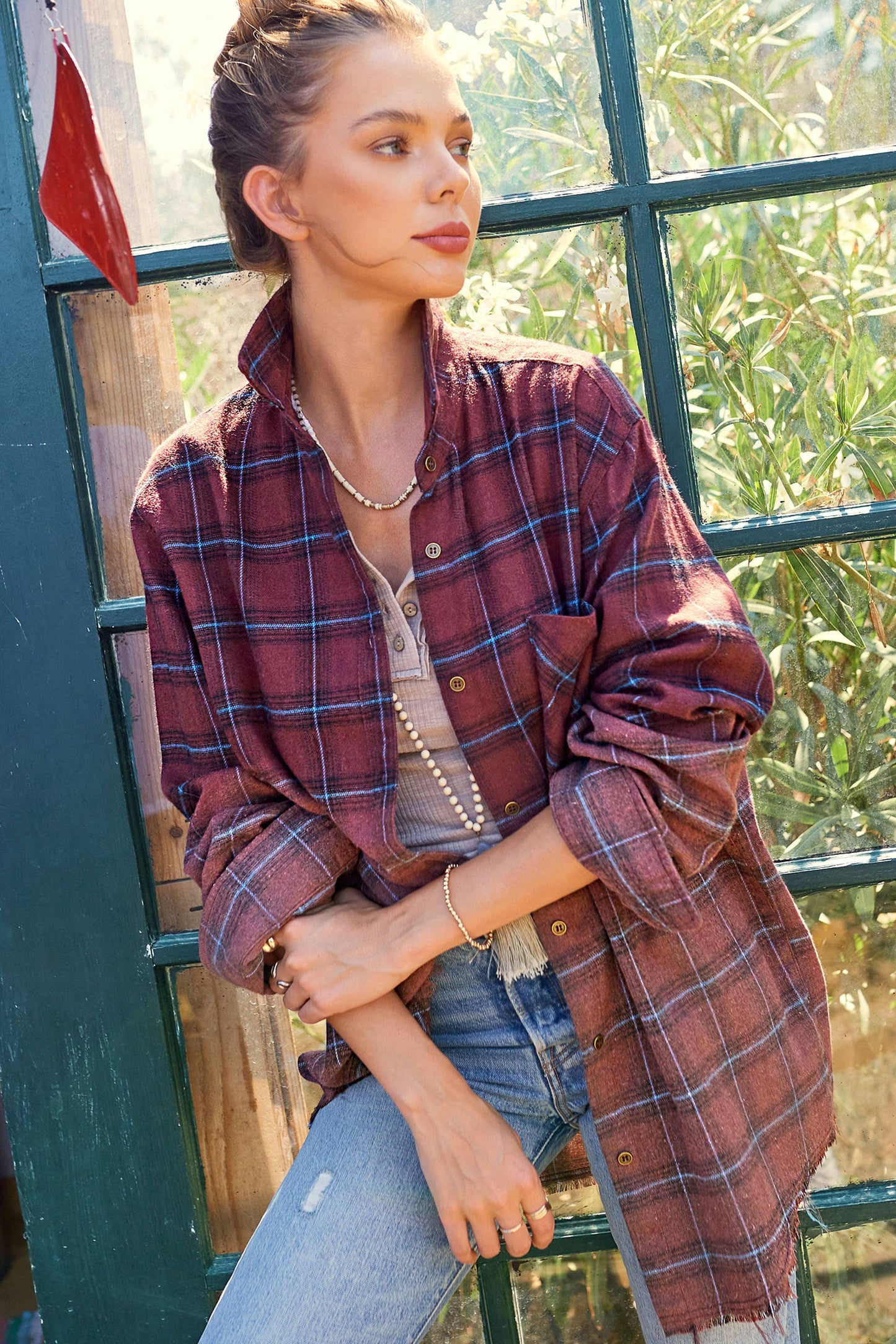 Loose Fit Button Down Two-Tone Washed Plaid Shirts