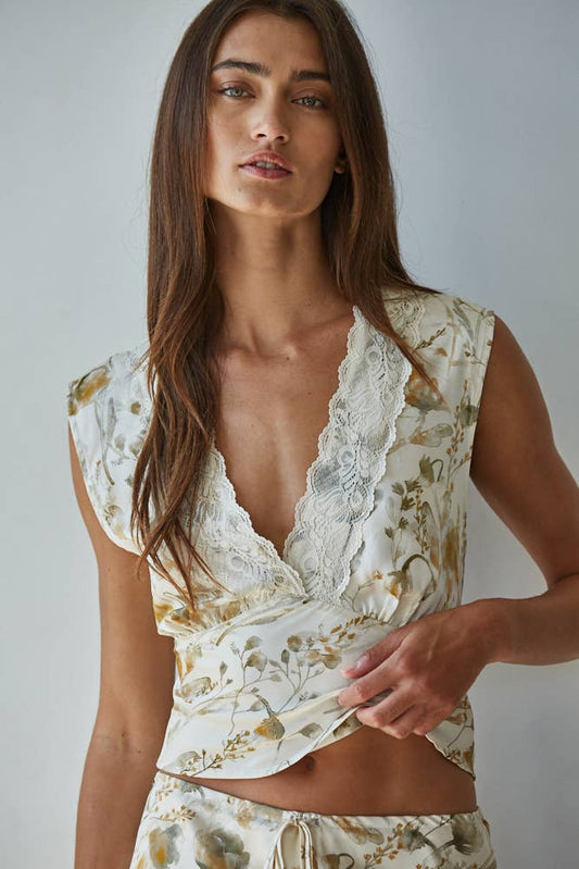 Woven Polyester Floral Print Sleeveless Top