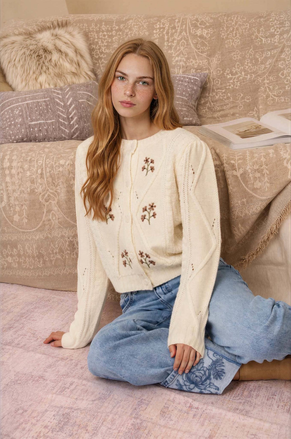 FLORAL EMBROIDERED CABLE KNIT BUTTON DOWN CARDIGAN