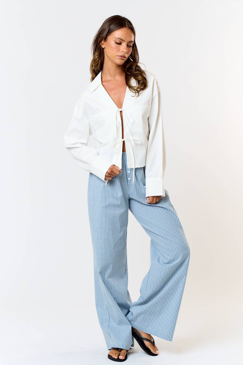 GINGHAM PLAID WIDE LEG LOUNGE PANT