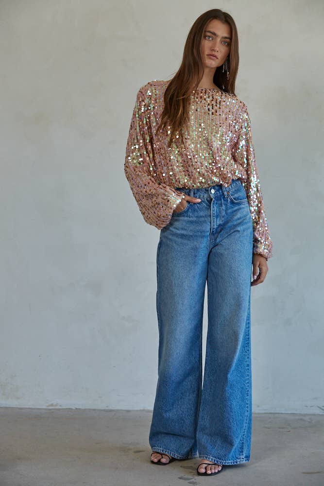 Woven Polyester Spandex Sequin Long Sleeve Top