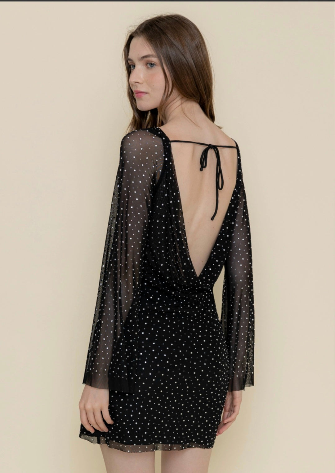 FORE COLLECTION round neck slim slv metal midi dress