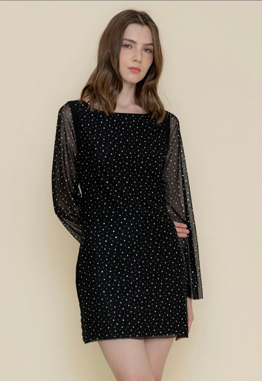 FORE COLLECTION round neck slim slv metal midi dress